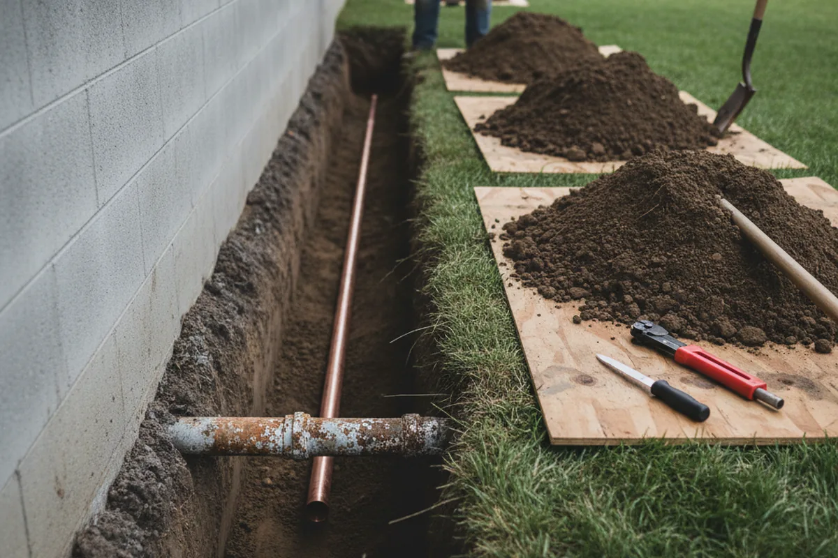 Excavated water line trench during Water Heater Repair in Buffalo Grove